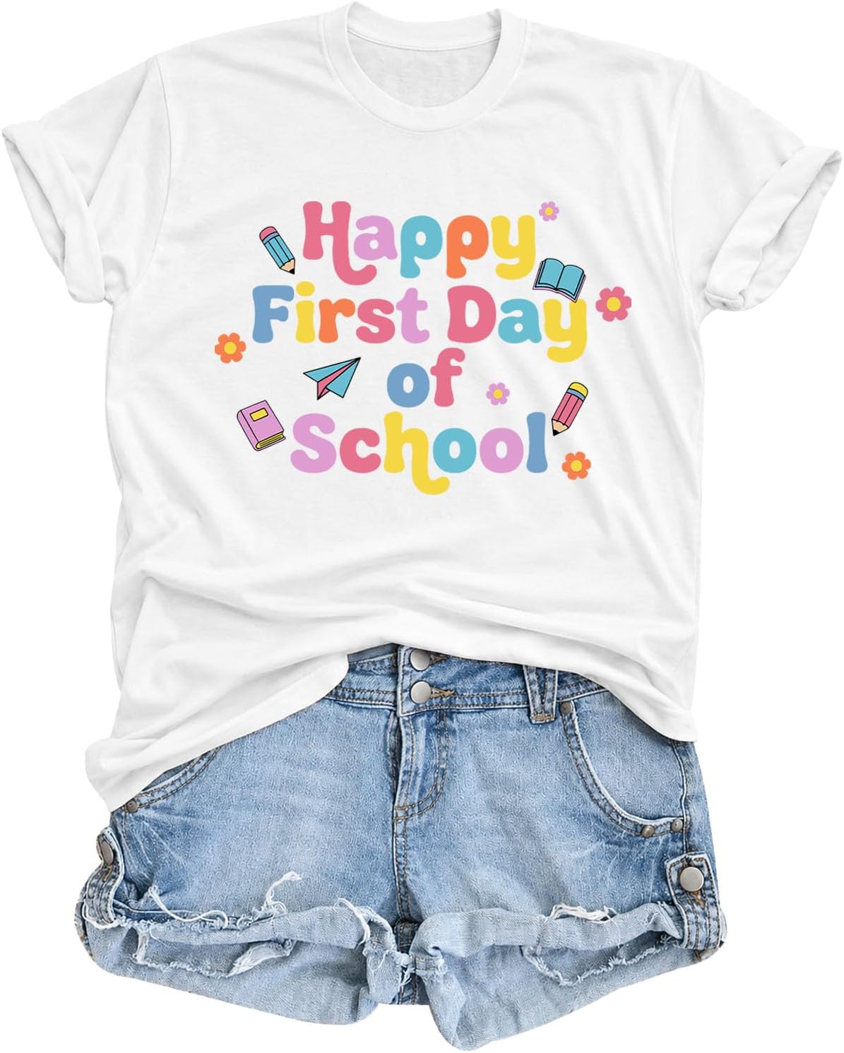 Teacher Shirts for Women Happy First Day of School Shirts Teacher Tshirts - Whiteb