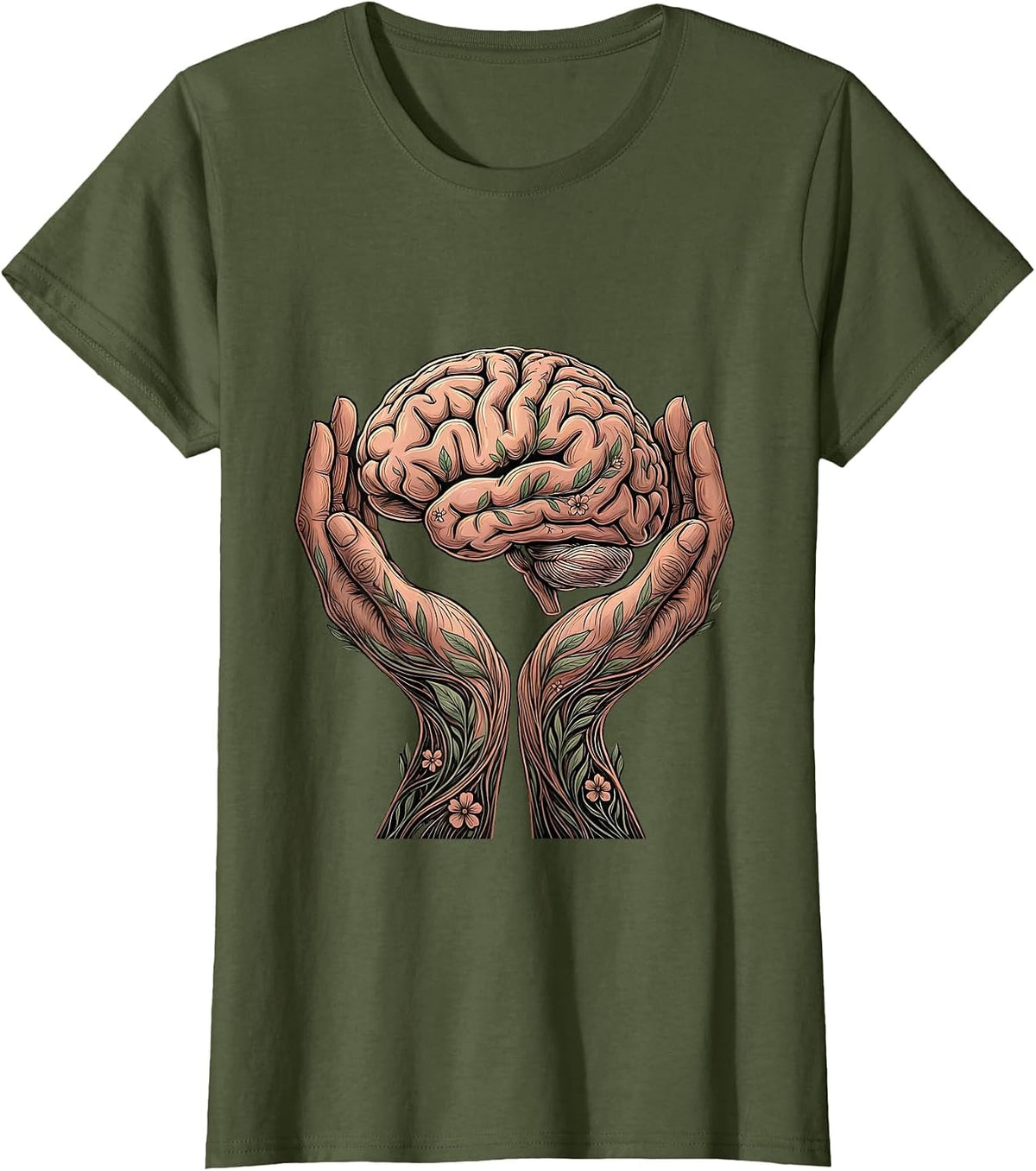 Women's Cupped Hands Glowing Brain Mental Health Graphic T-Shirt - Olive Green