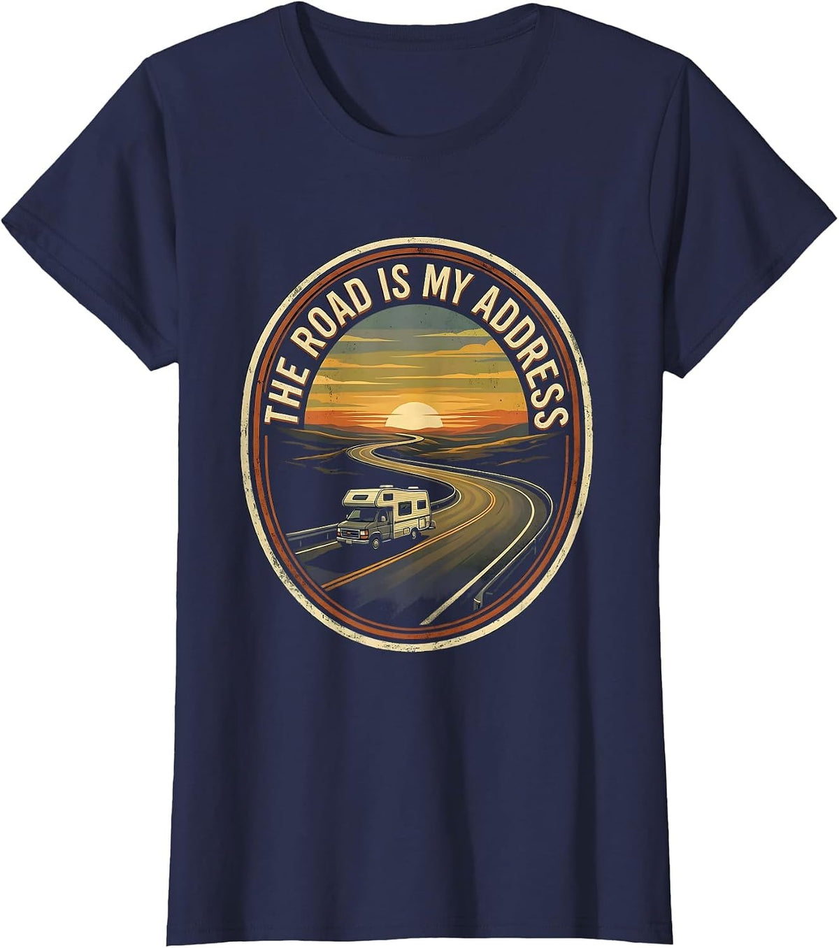 Women's The Road Is My Address Vintage Van Life Retro Road Trip T-Shirt - Navy Blue