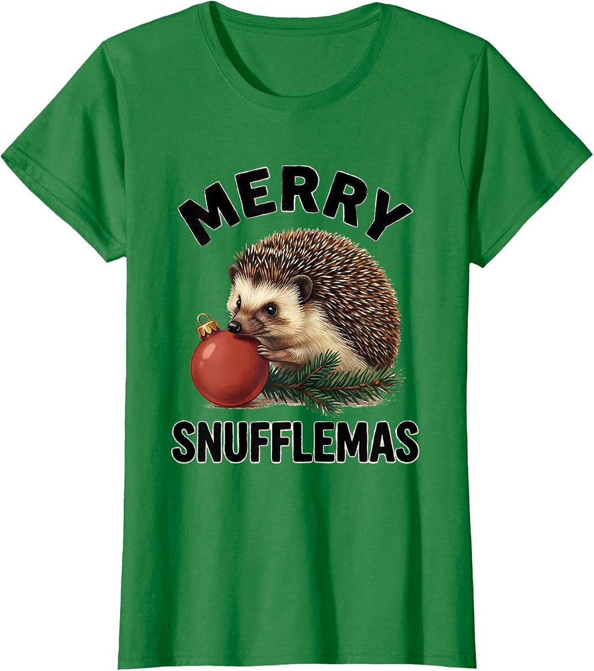 Women's Merry Snufflemas Storybook Hedgehog Christmas Humor Cute T-Shirt - Kelly Green