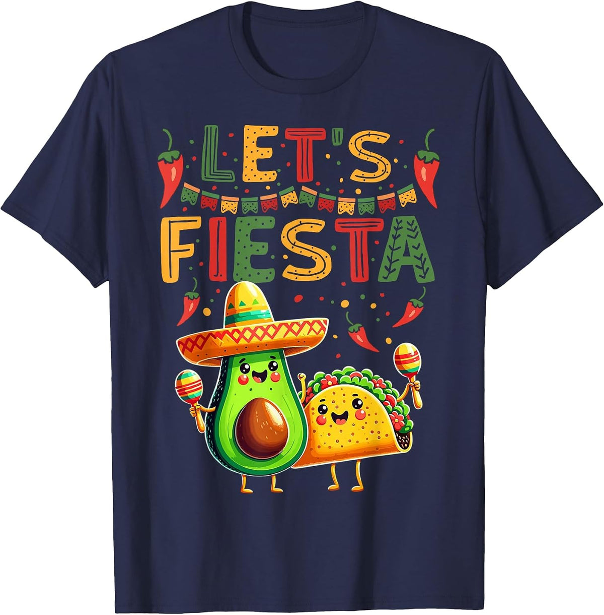 Let's Fiesta Avocado and Tacos Cinco De Mayo T-Shirt - Navy Blue
