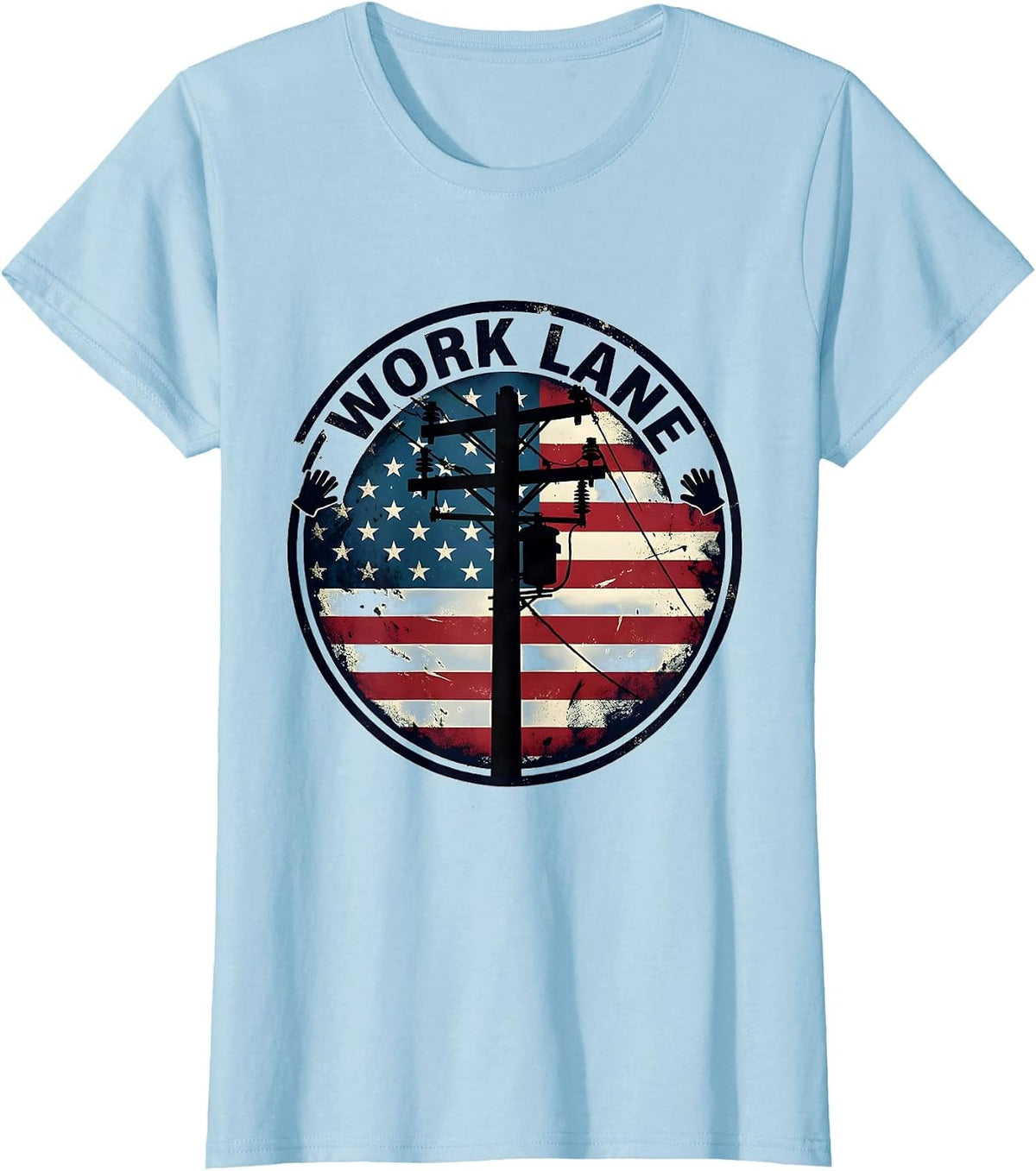 WORK LANE Distressed Lineman Pole American Flag Silhouette T-Shirt - Baby Blue