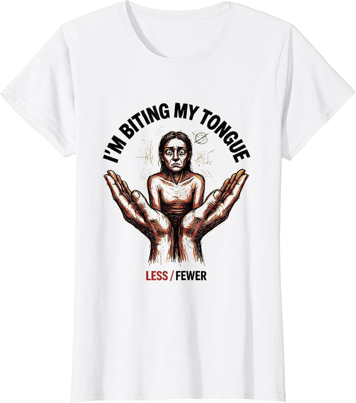 Women's I'm Biting My Tongue Less/Fewer Funny Grammar Teacher Humor T-Shirt - White
