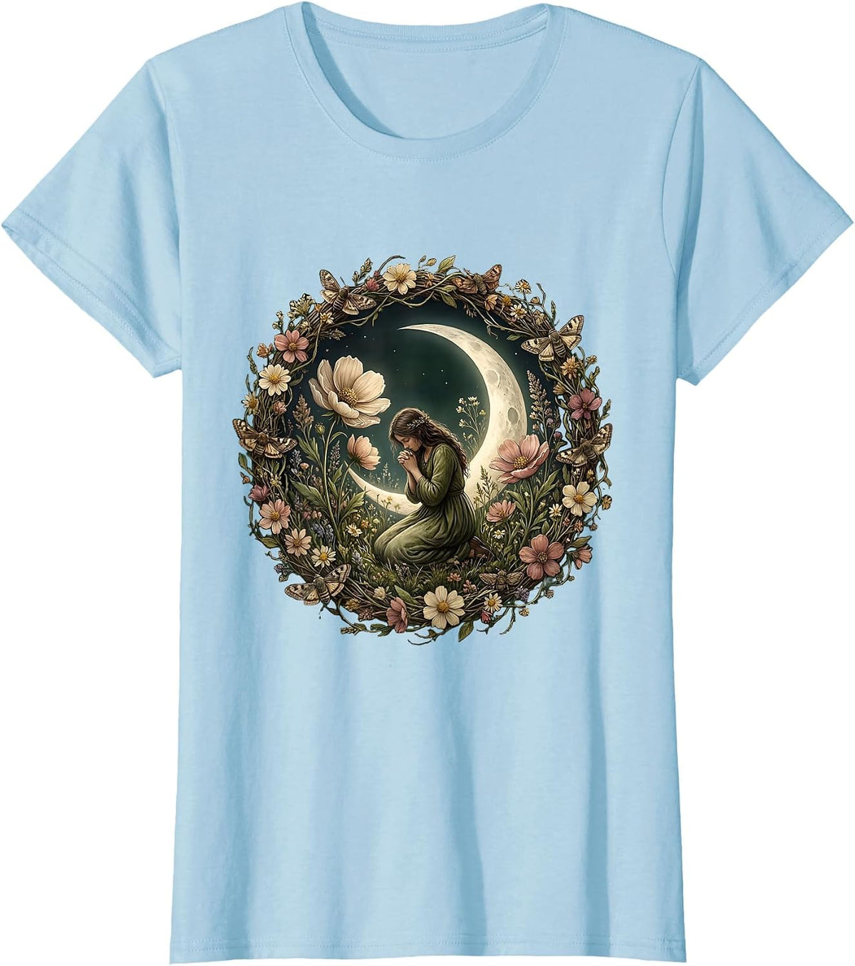 Love Like Jesus Kneeling Figure Moonlit Garden T-Shirt - Baby Blue