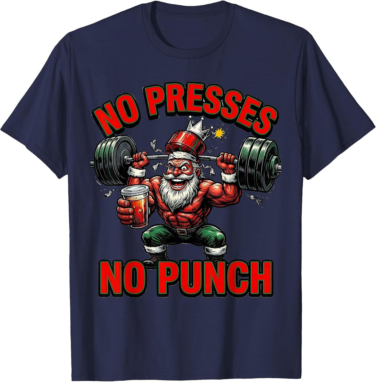 No Presses No Punch Funny Christmas Gym Bodybuilder Workout T-Shirt - Navy Blue