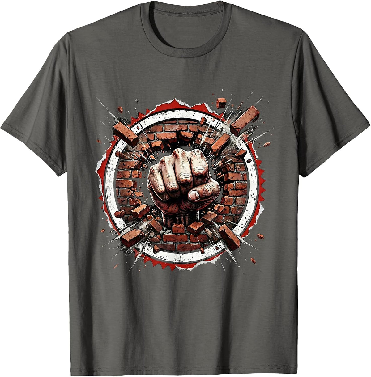 Rock Fist Punching Through Brick Wall Graphic T-Shirt - Asphalt Grey