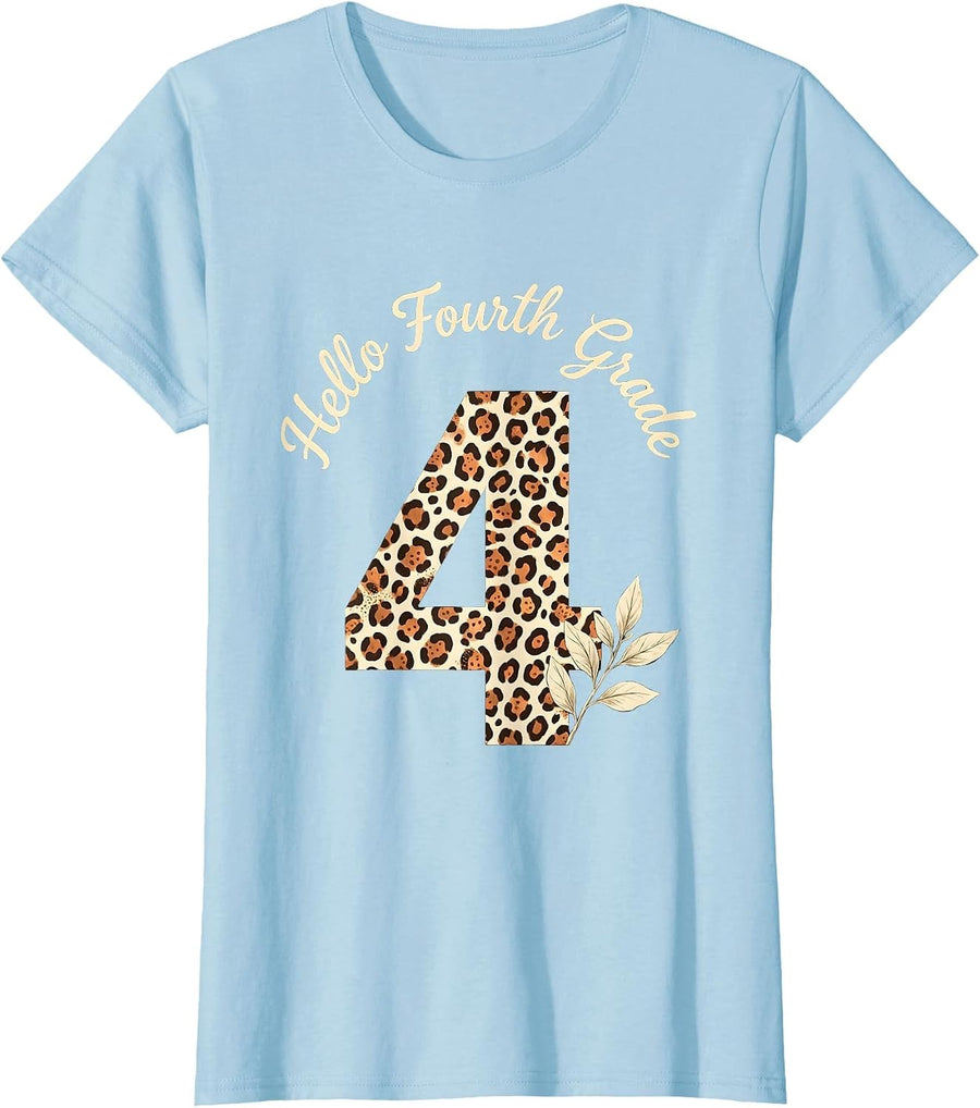 Women's Hello Fourth Grade Leopard Teacher Student Back To School T-Shirt - Baby Blue