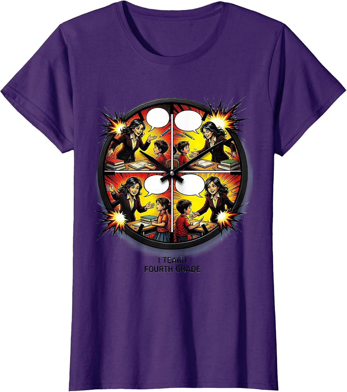 Women's I Teach Fourth Grade Comic Book Teacher Back To School Staff T-Shirt - Purple