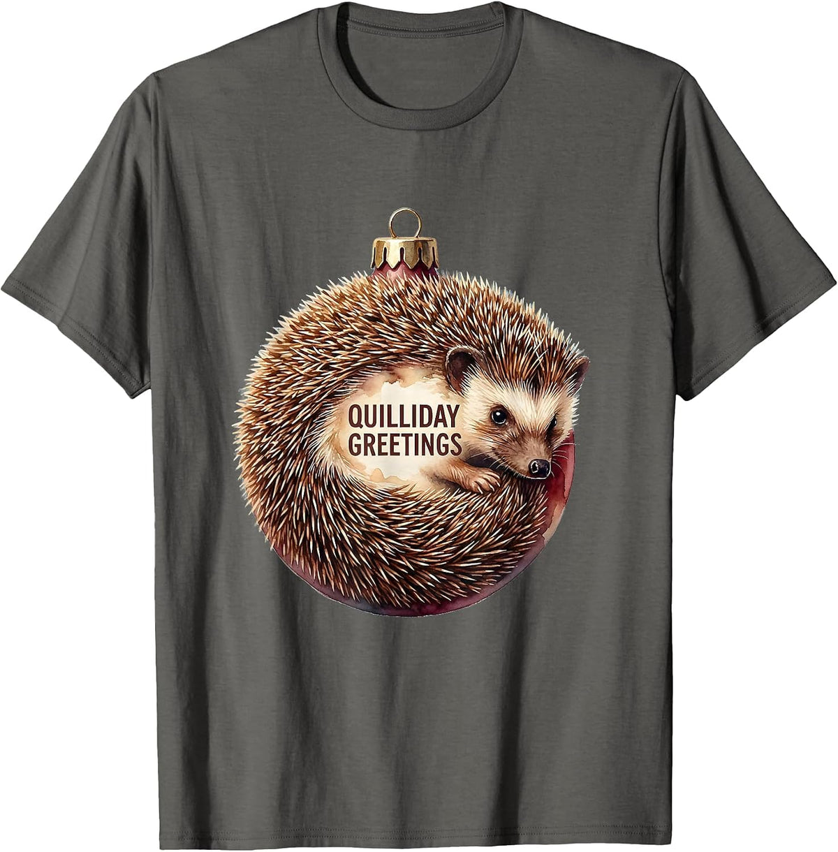 Quilliday Greetings Watercolor Hedgehog Christmas Cute T-Shirt - Asphalt Grey