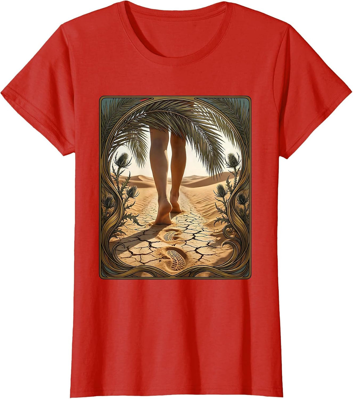 Women's Jesus Walking on Dusty Desert Road Graphic T-Shirt - Red