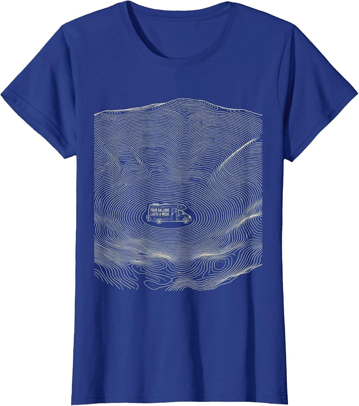 Women's Four Gallons Lasts A Week Retro Van Life Nomad Travel Pride T-Shirt - Royal Blue