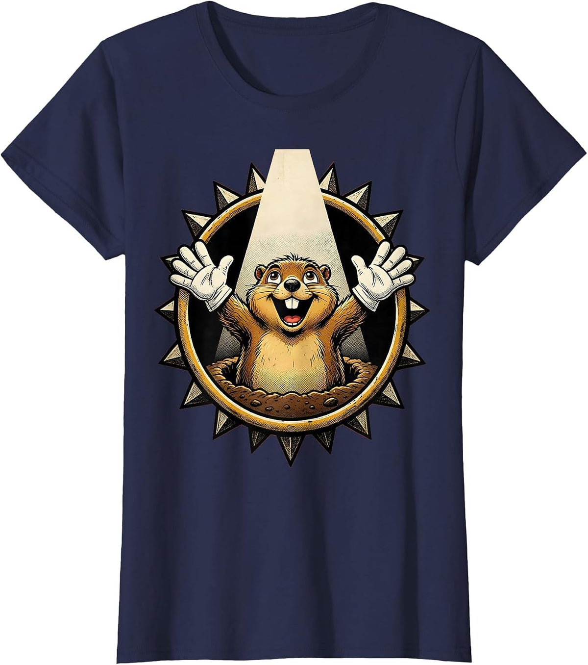 Women's Dramatic Groundhog Spotlight Funny Illustration T-Shirt - Navy Blue