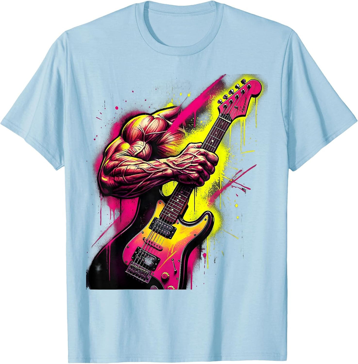Men's 80s Rock Guitar Grip Illustration T-Shirt - Baby Blue