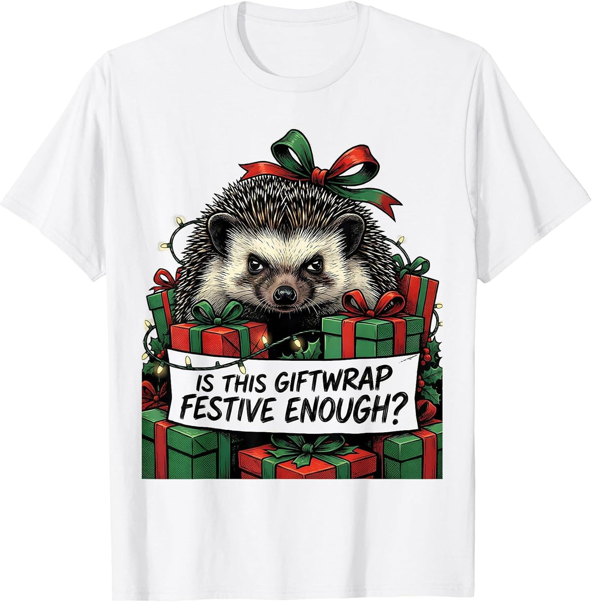 Men's Is This Giftwrap Festive Enough Comic Book Grumpy Hedgehog T-Shirt - White