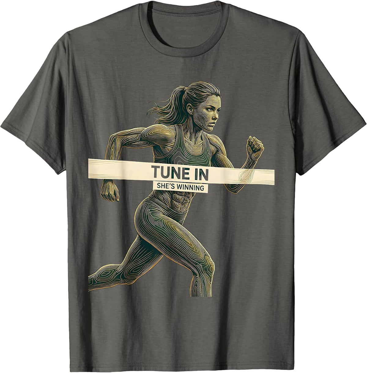 Tune In She's Winning Sports Fan Graphic Design T-Shirt - Asphalt Grey