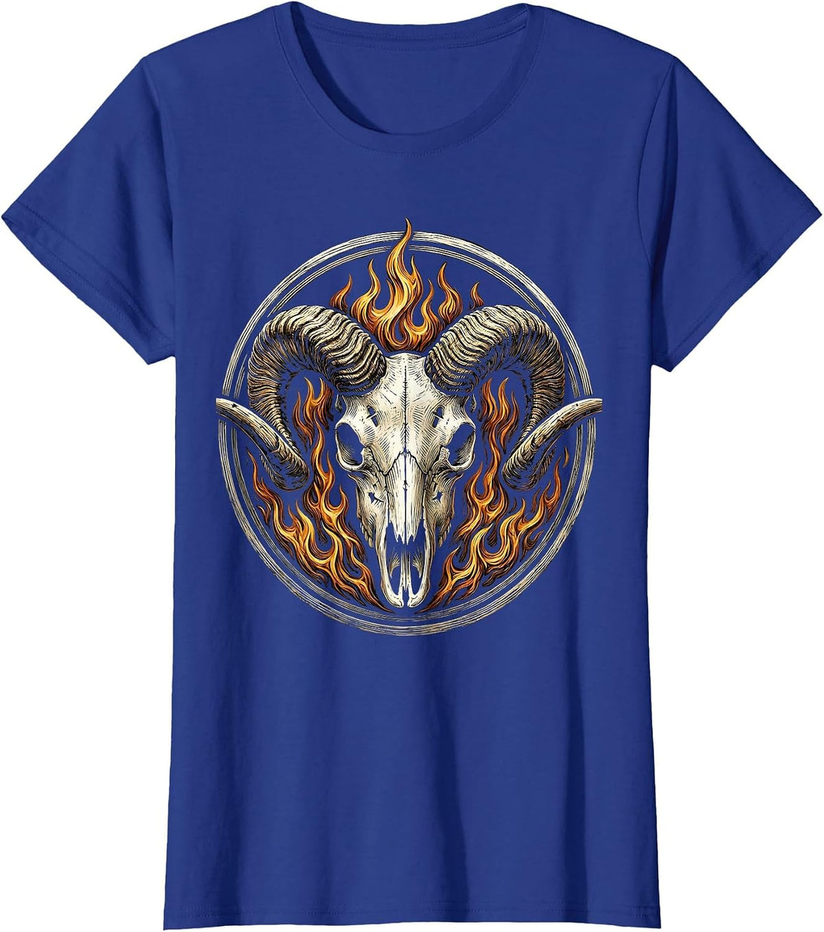 Women's Horned Skull Dark Flames Horror Graphic Design T-Shirt - Royal Blue