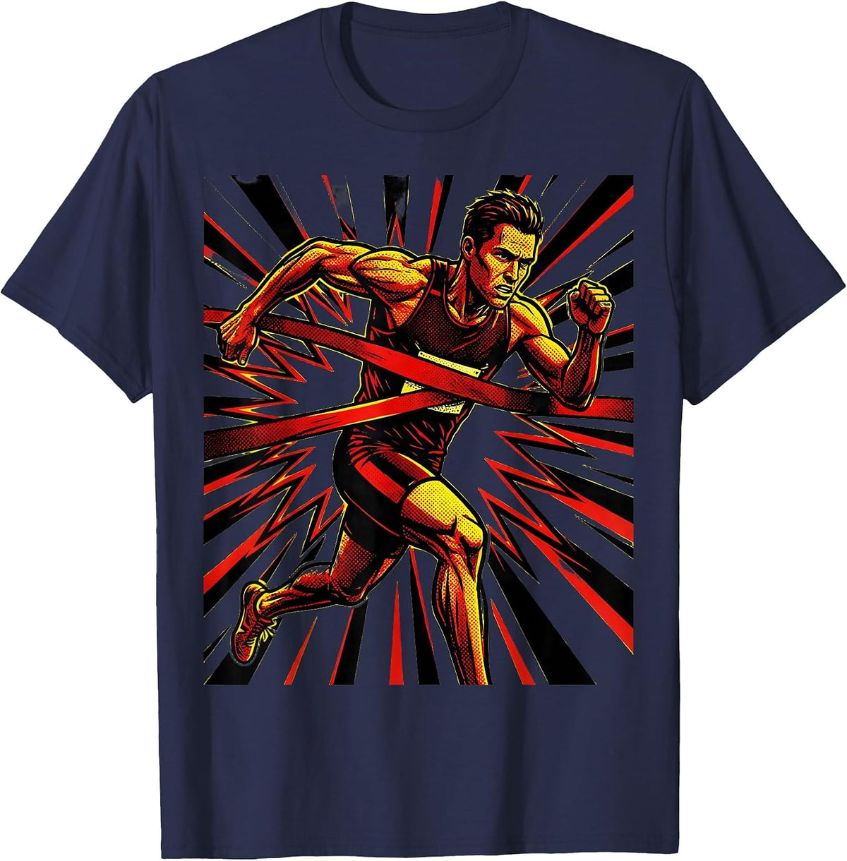 Athlete Sprinting Through Finish Line Graphic T-Shirt - Navy Blue