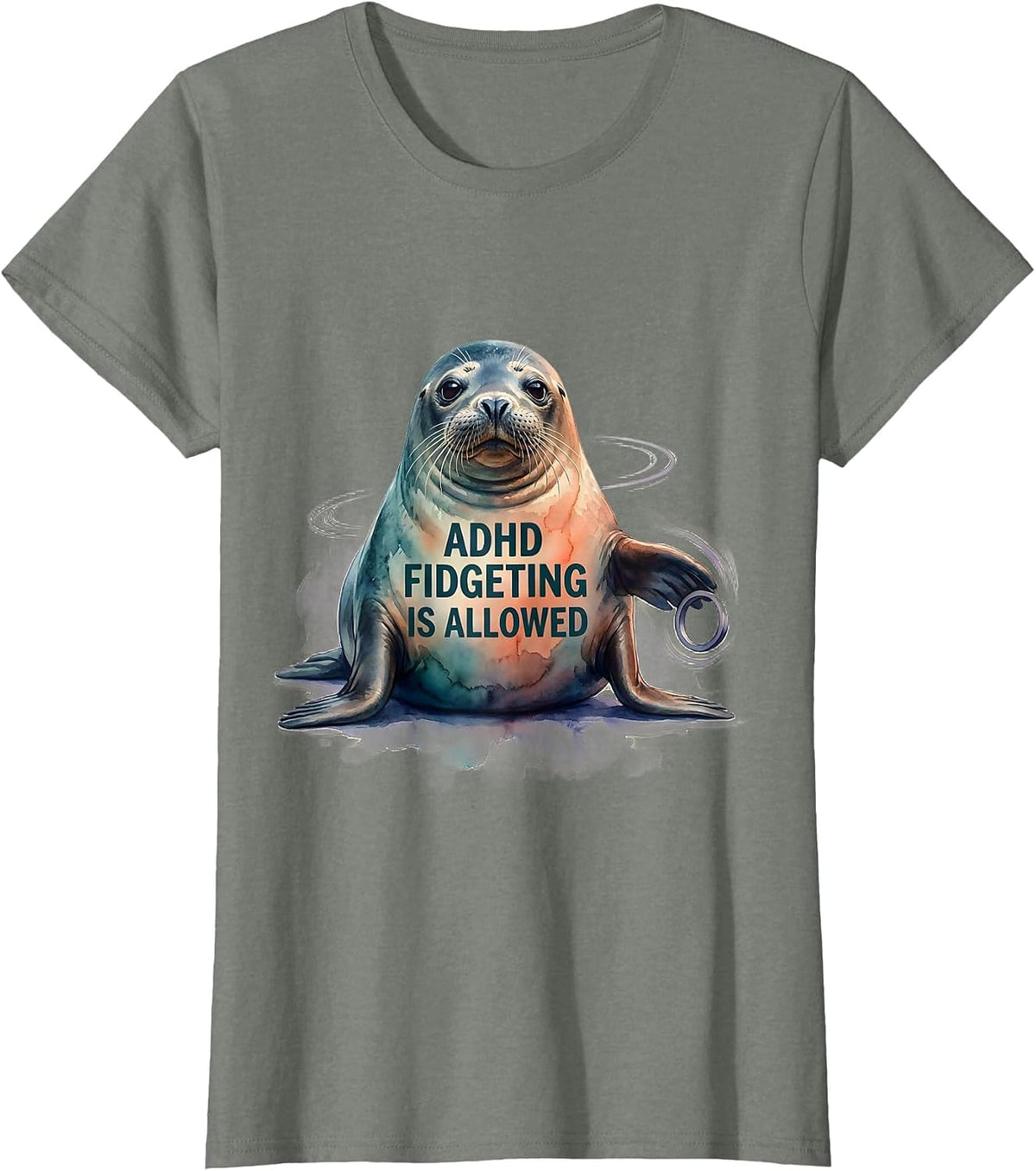 Women's ADHD Fidgeting Is Allowed Watercolor Seal Neurodivergent T-Shirt - Olive Heather