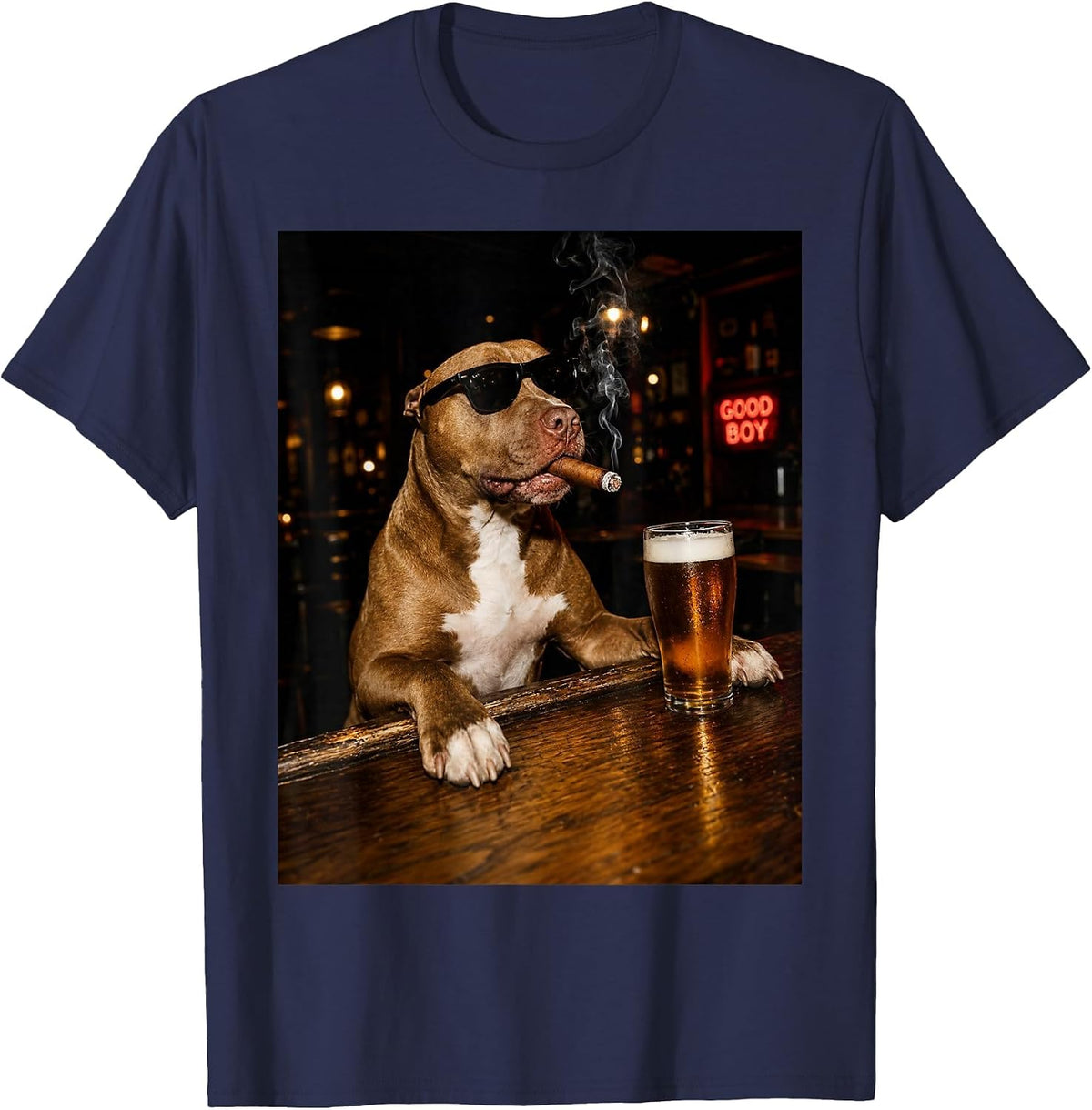Silly Pitbull Drinking Beer Graphic Good Boy Dog Lovers T-Shirt - Navy Blue