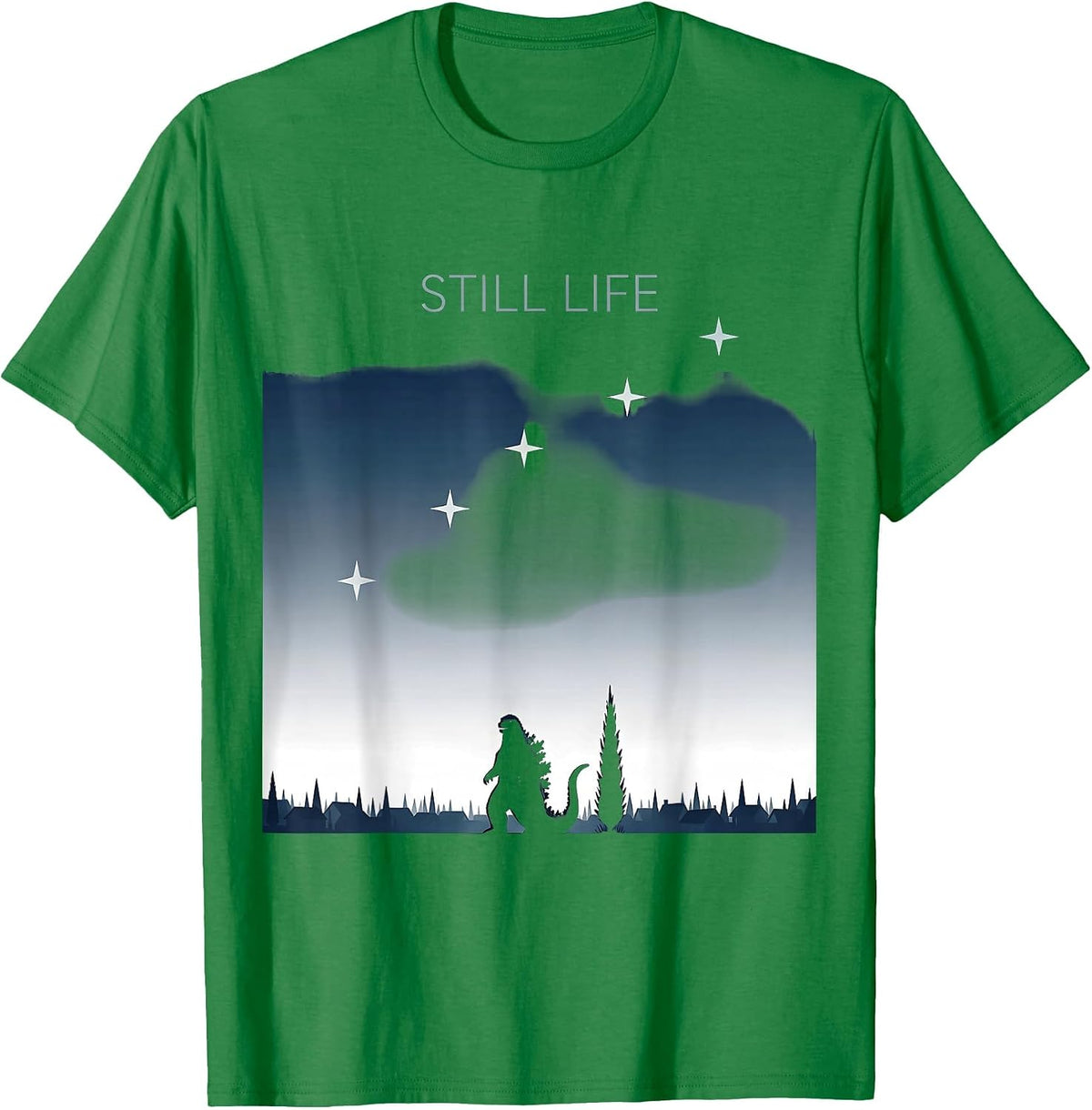 Men's Still Life Minimalist Kaiju Van Gogh Starry Night Art Parody T-Shirt - Kelly Green