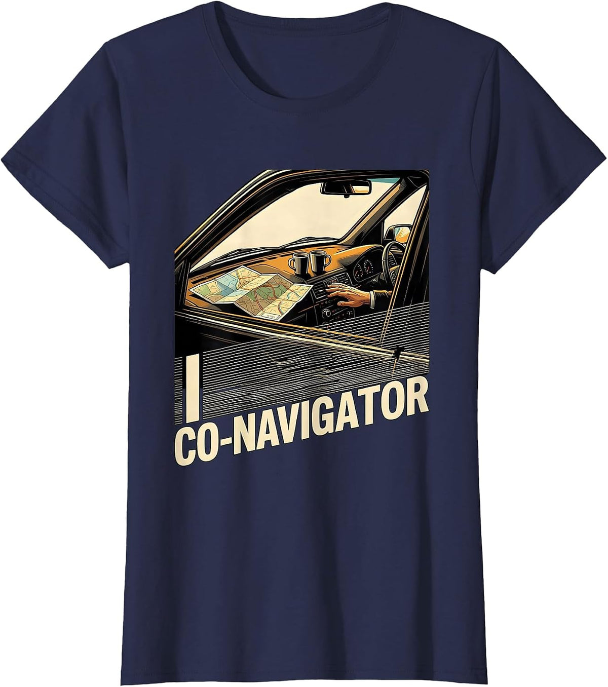 Women's I Co-Navigator New Wave Van Life Camper Nomad Humor T-Shirt - Navy Blue