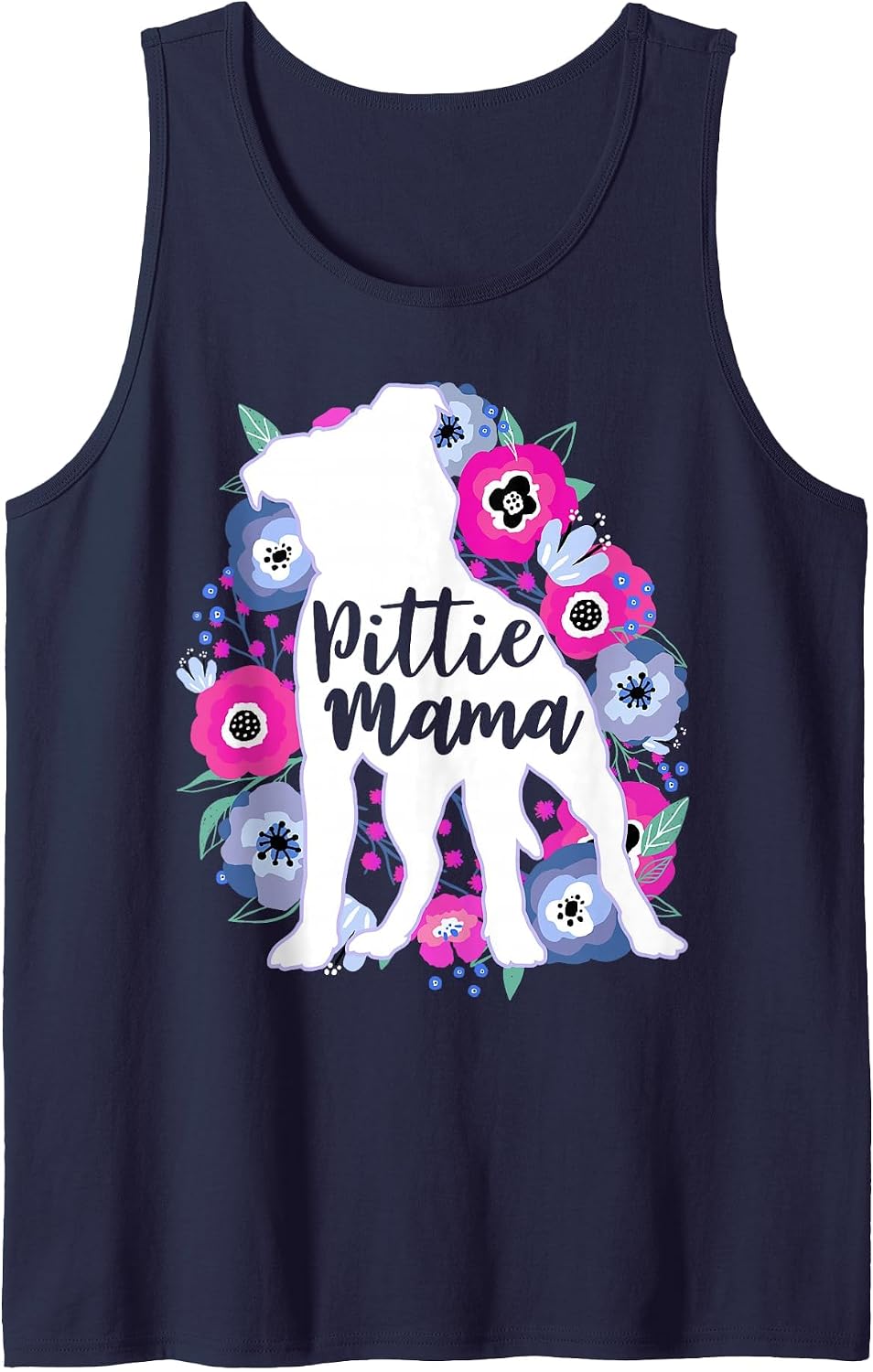 Pittie Mama Floral Flowers Pitbull Lover Cute Pit Bull Mom Tank Top - Navy Blue