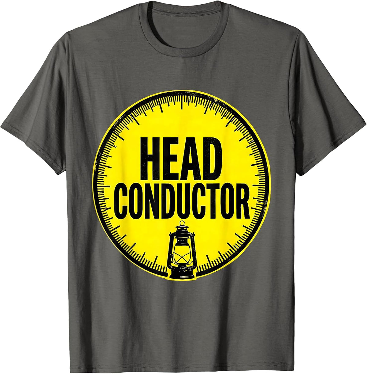 Men's Head Conductor Stencil Train Enthusiast Deadpan Humor T-Shirt - Asphalt Grey