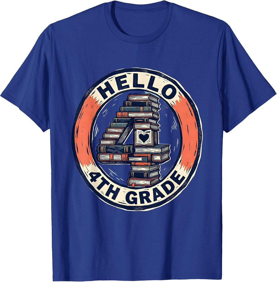 Hello 4th Grade Linocut Kids Girl Teacher Back To School T-Shirt - Royal Blue