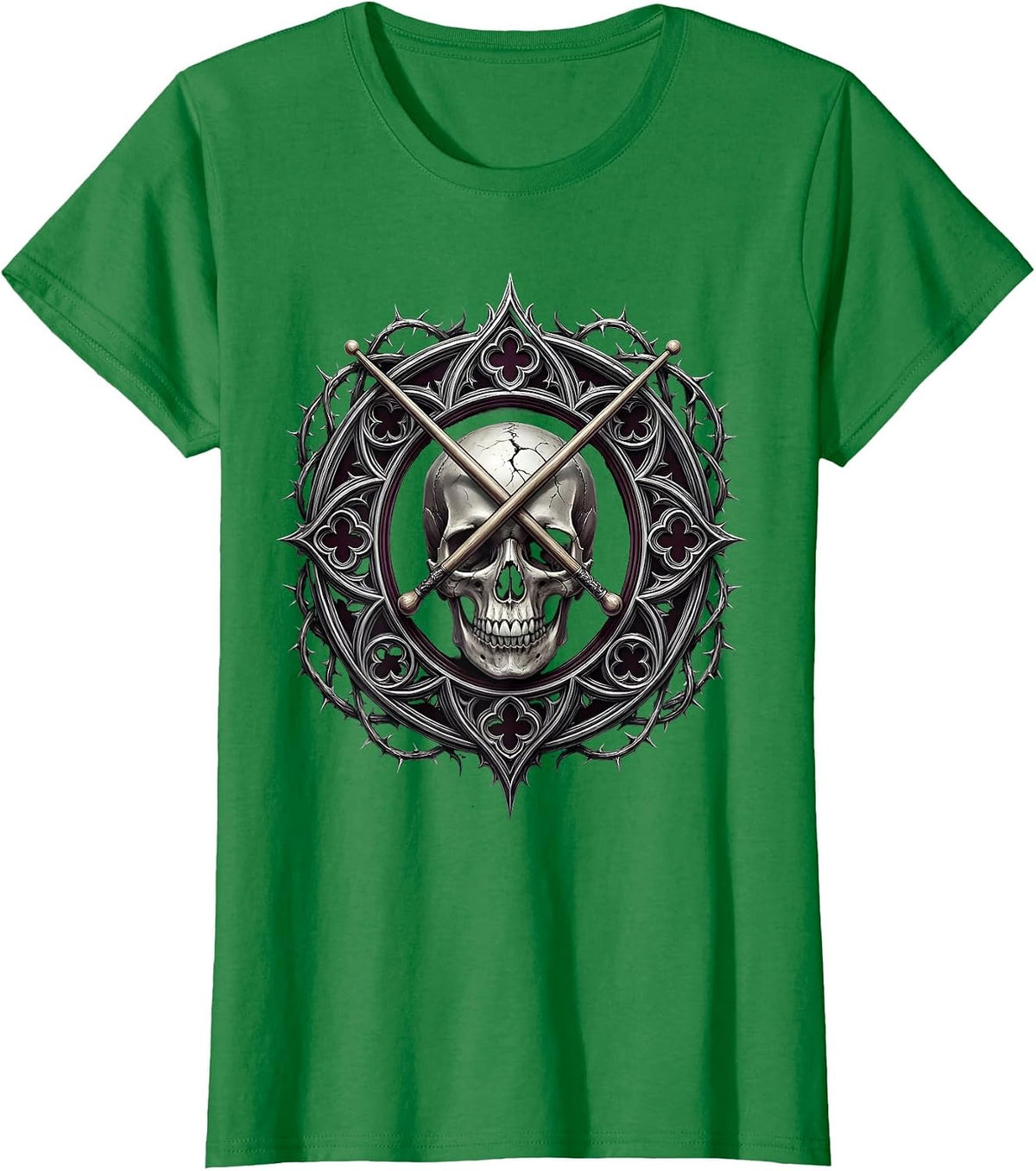 Women's Crossed Drumsticks Cracked Skull Vintage Rock Design T-Shirt - Kelly Green