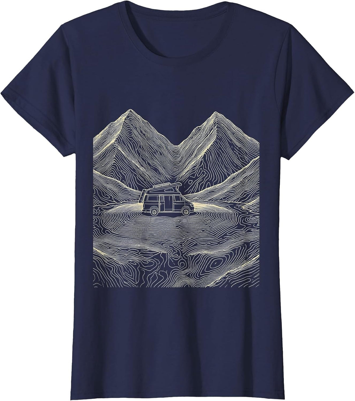 Women's Camper Van Mountain Saddle Topographic Contour Van Life T-Shirt - Navy Blue