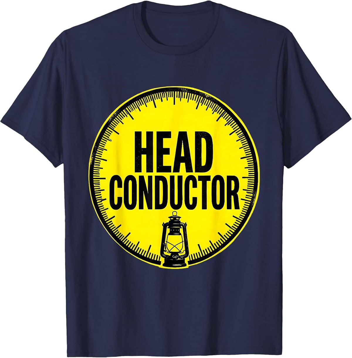 Men's Head Conductor Stencil Train Enthusiast Deadpan Humor T-Shirt - Navy Blue