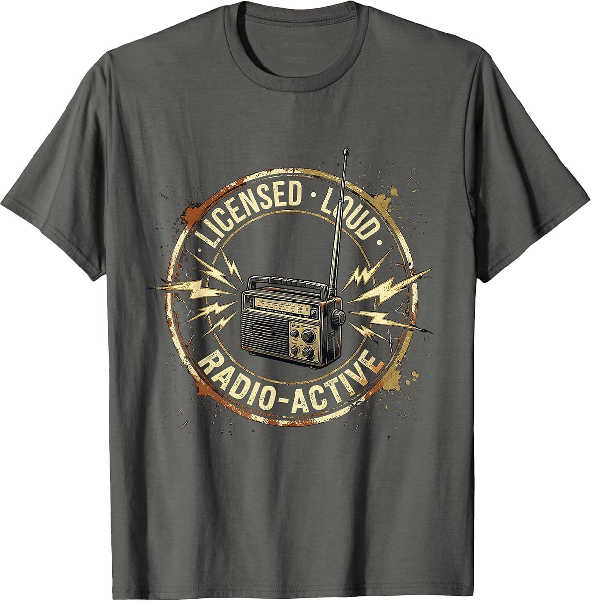 Licensed, Loud & Radio-Active Vintage Ham Radio Design T-Shirt - Asphalt Grey