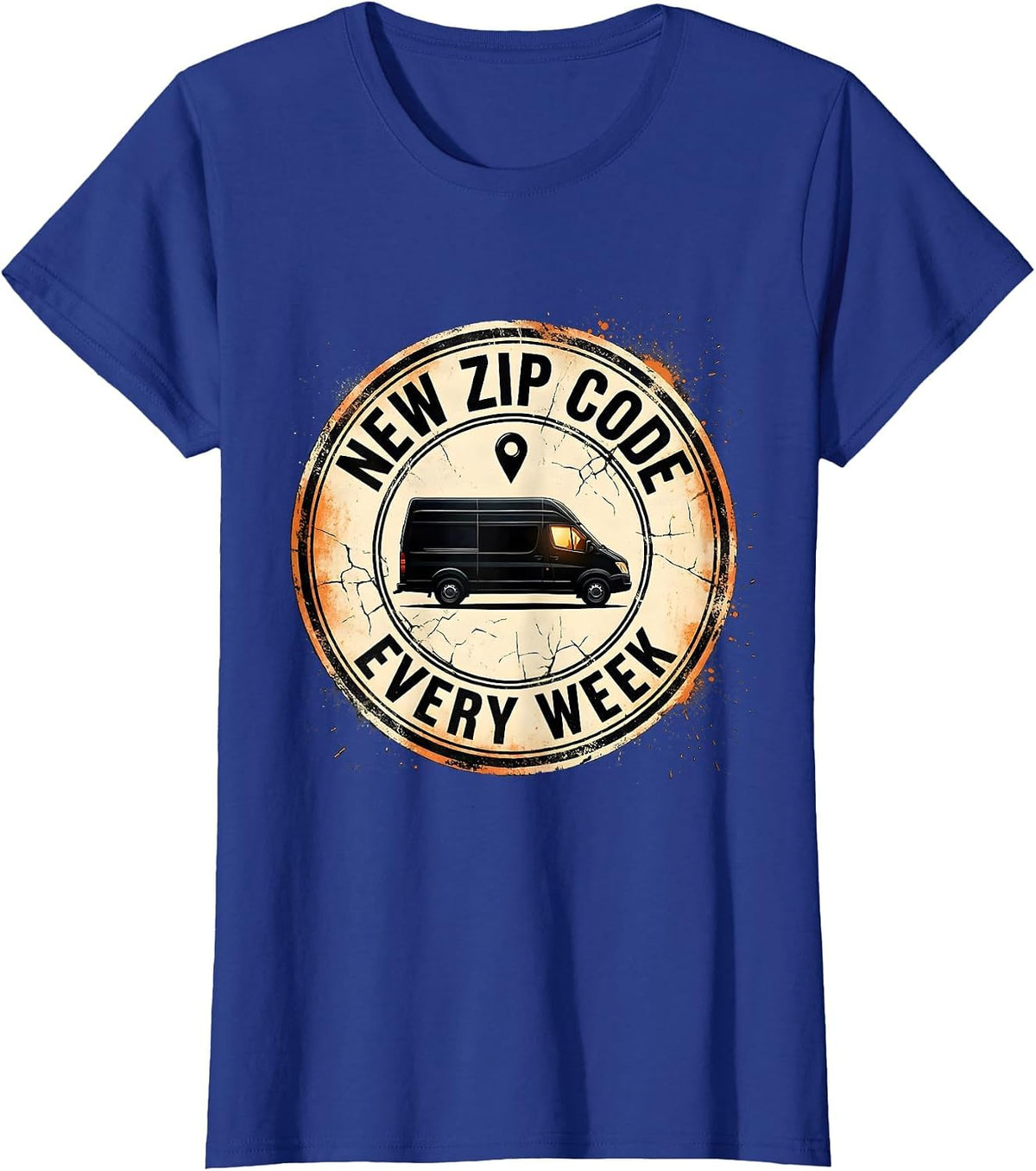 Women's New Zip Code Every Week Distressed Van Life Retro Road Trip T-Shirt - Royal Blue