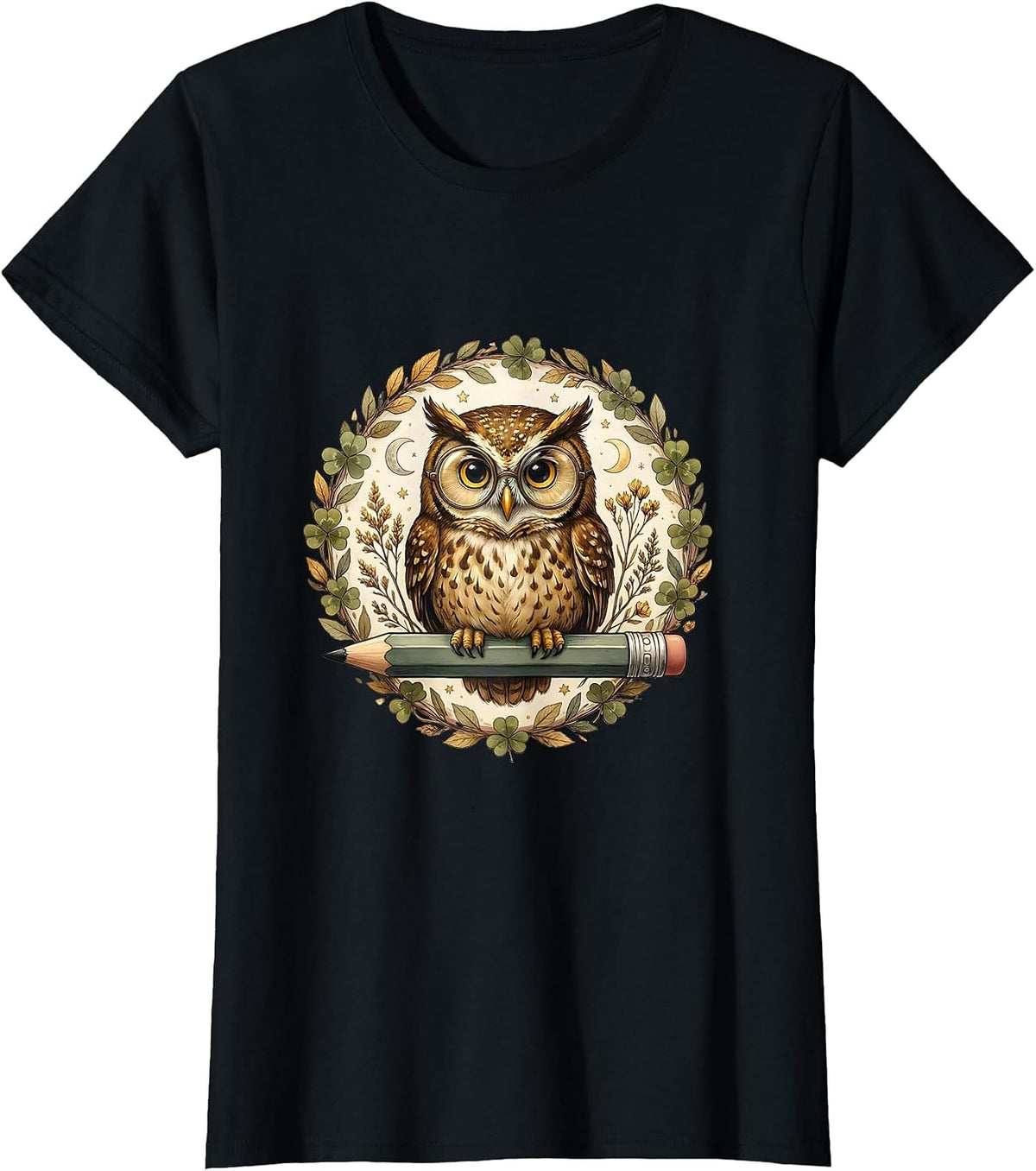 4th Grade Teacher Owl on Pencil Illustration T-Shirt - Black