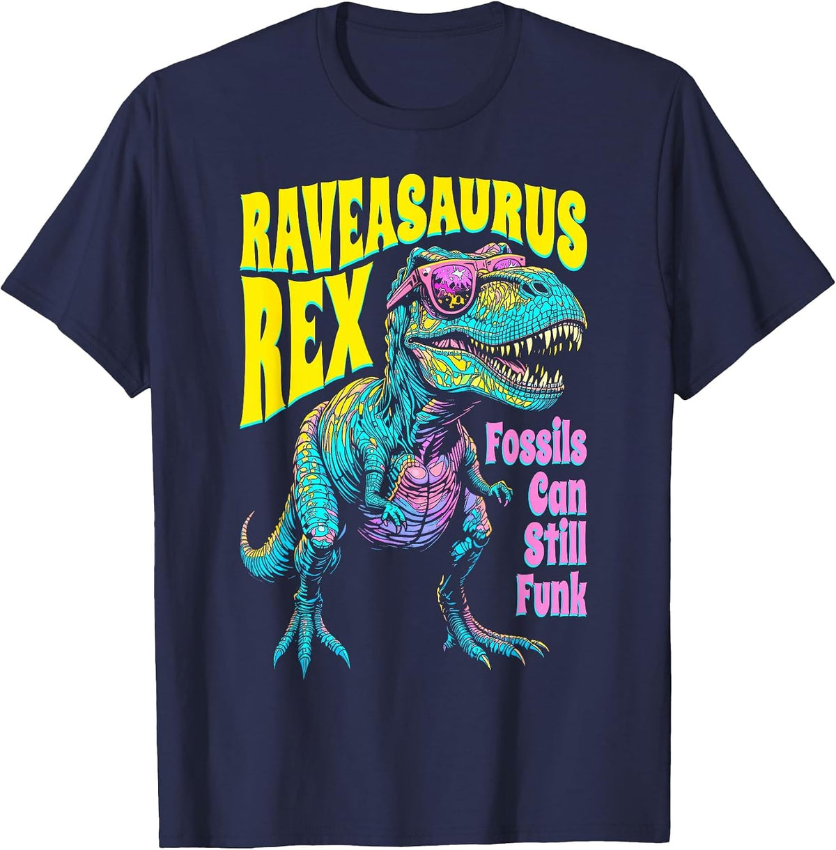 Trex Rave Dinosaur Raveasaurus Rex Trippy EDM Music Festival T-Shirt - Navy Blue