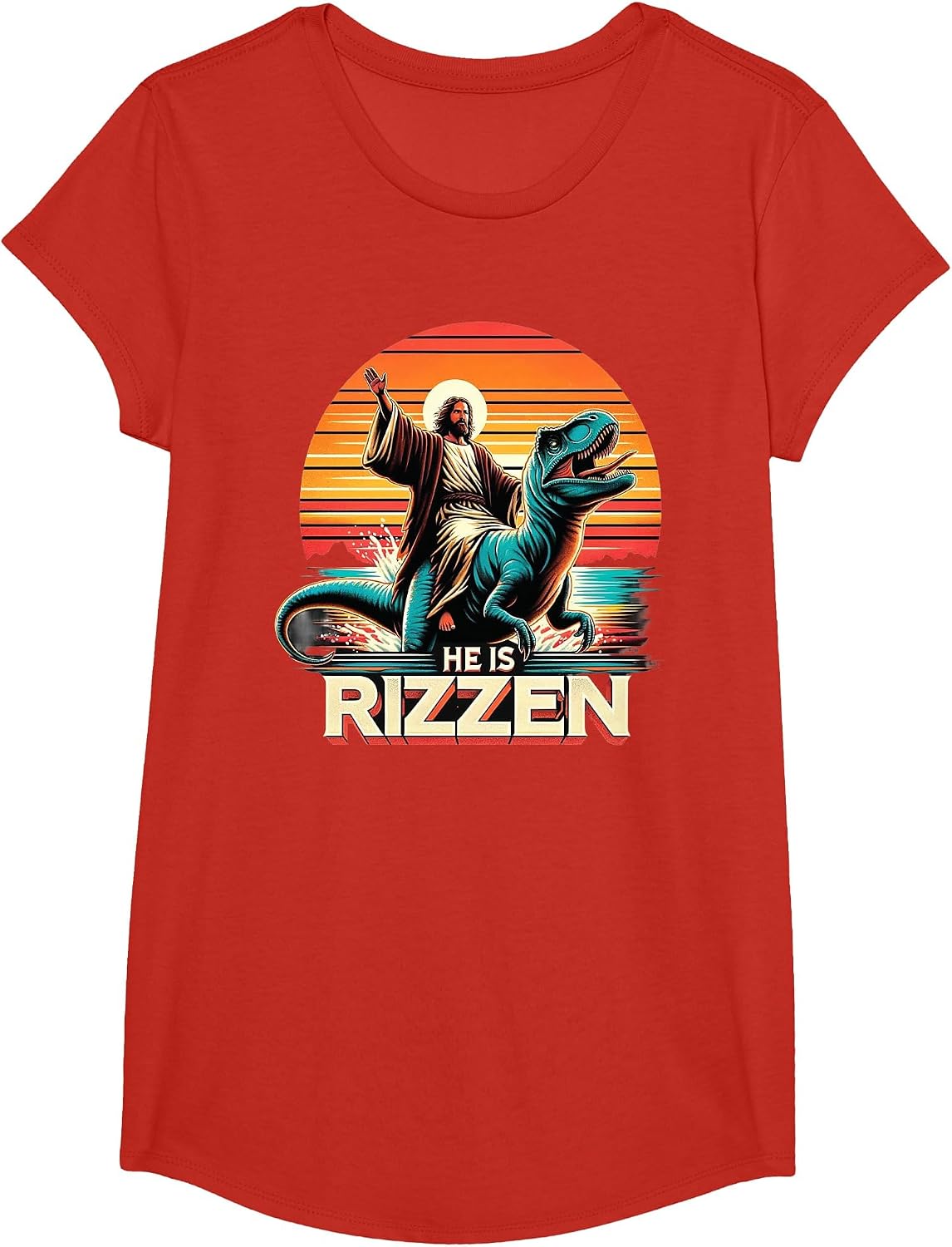 He is Rizzen Jesus Retro Christian Dinosaur T-Shirt - Girls Red