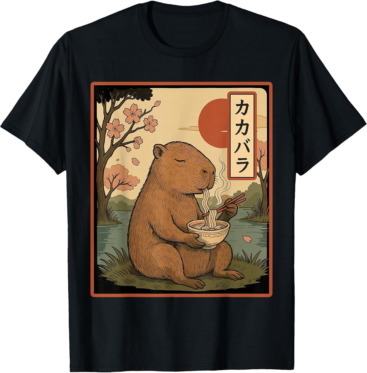 Cute Capybara Eating Ramen, Kawaii Japanese Noodle Bowl T-Shirt - Black