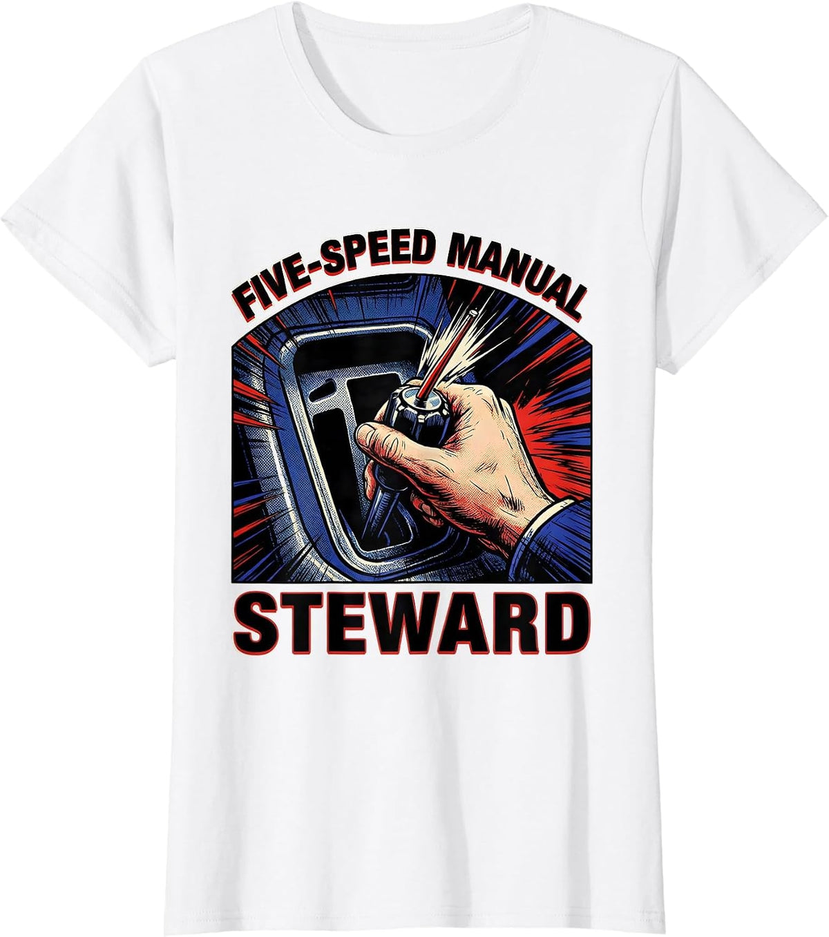Women's Five-Speed Manual Steward Comic Car Guy Mechanic Stick Shift T-Shirt - White