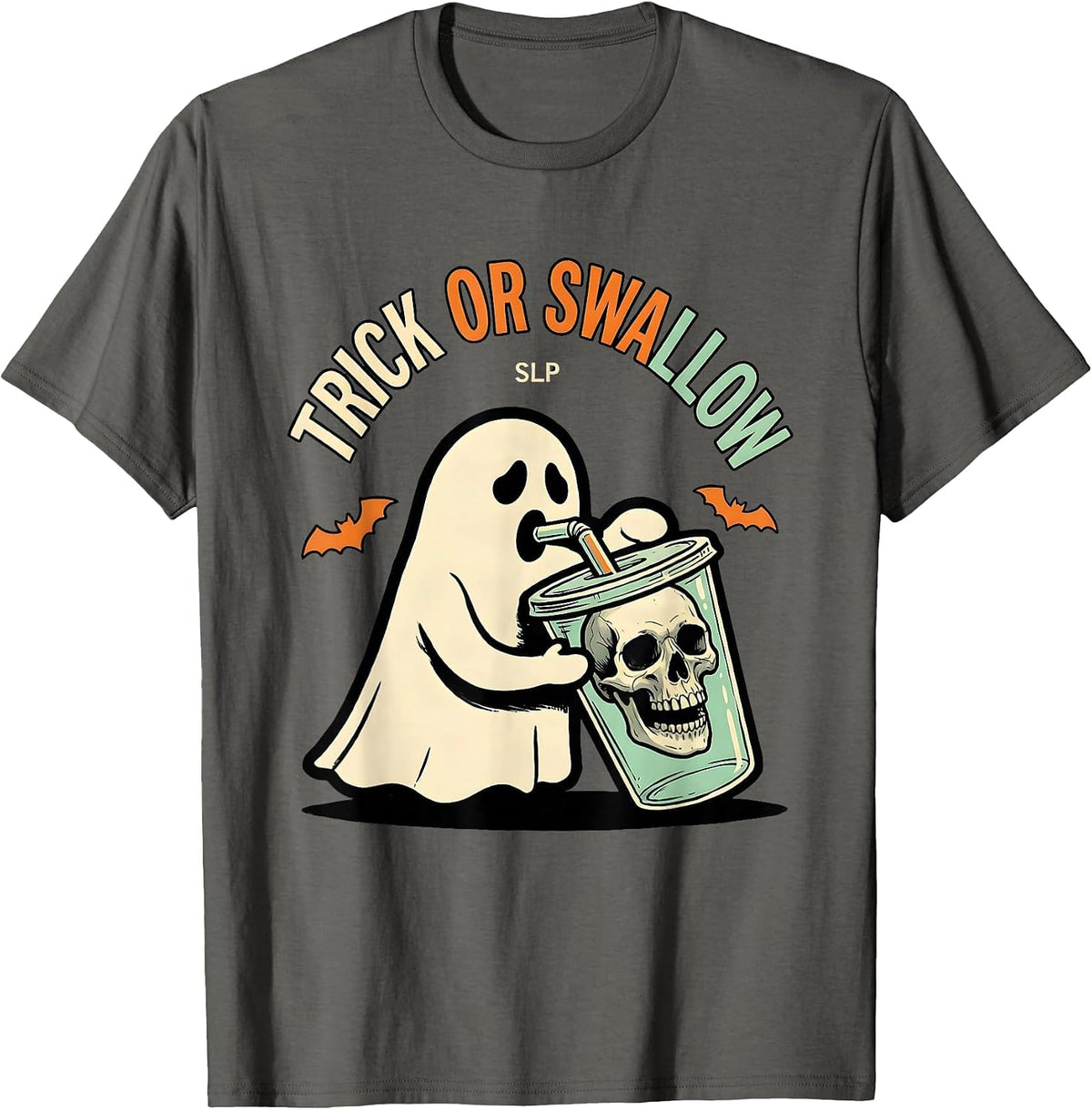 Trick Or Swallow SLP Funny Physical Therapy Halloween Ghost T-Shirt - Asphalt Grey