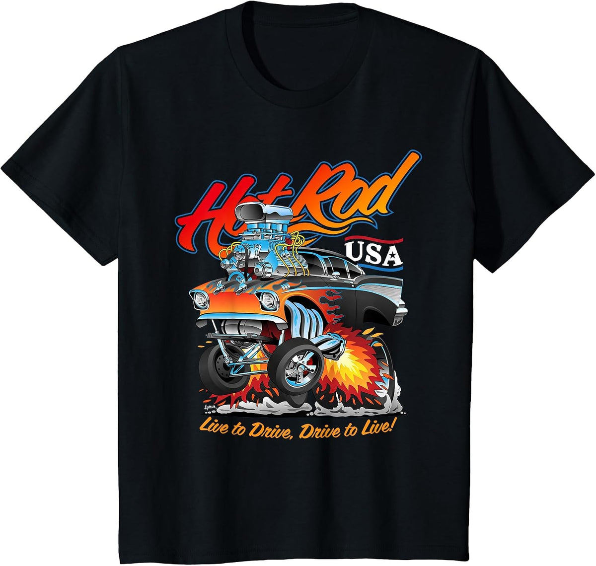 Hotrod USA Classic Muscle Car Cartoon Hotrod Funny Car T-Shirt - Black