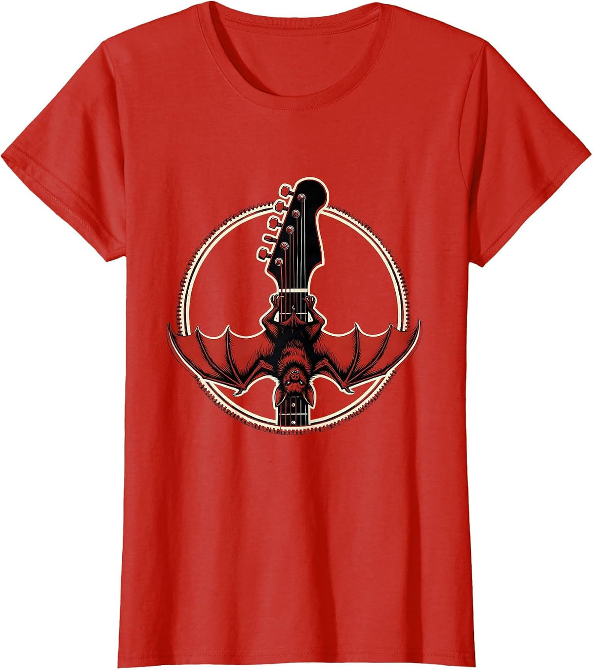 Bat on Guitar Headstock Rock and Roll Design T-Shirt - Red