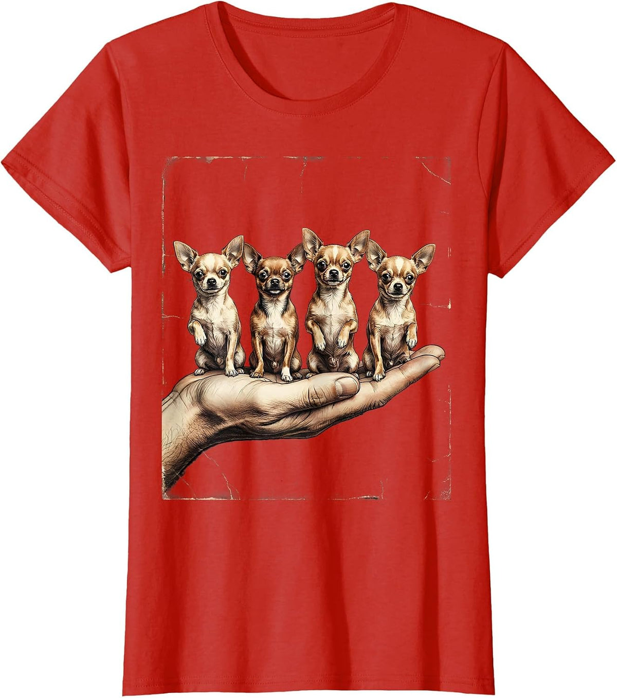 Four Chihuahuas Distressed Dog Lover Humor T-Shirt - Red