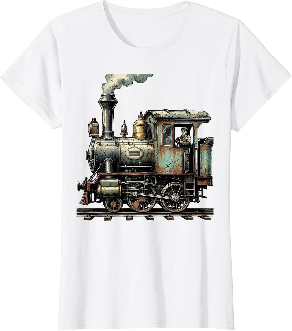 Weathered Steam Locomotive Distressed Train Enthusiast Humor T-Shirt - White