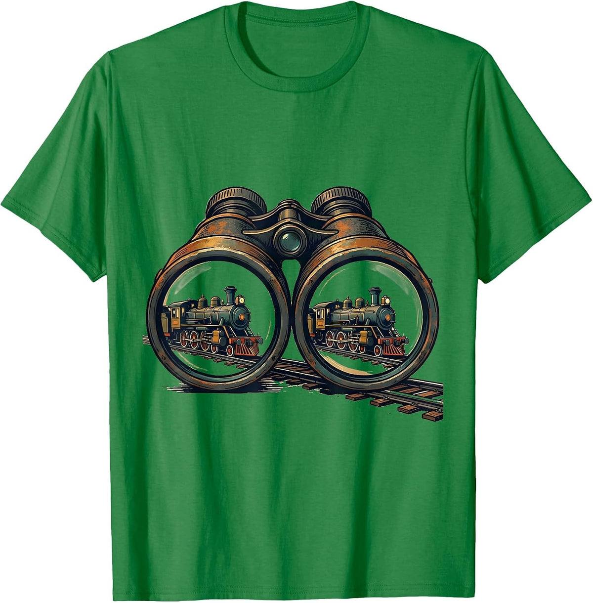 Men's Oversized Binoculars Steam Locomotive Train Enthusiast Humor T-Shirt - Kelly Green