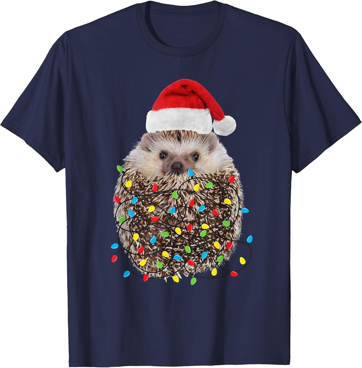 Cute Hedgehog Santa Hat Chritmas Lights T-Shirt - Navy Blue