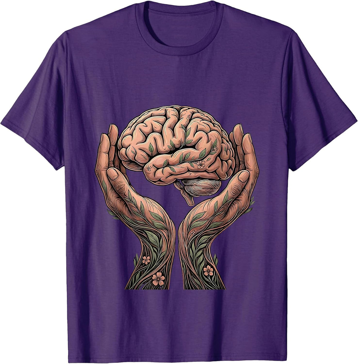 Men's Cupped Hands Glowing Brain Mental Health Graphic T-Shirt - Purple