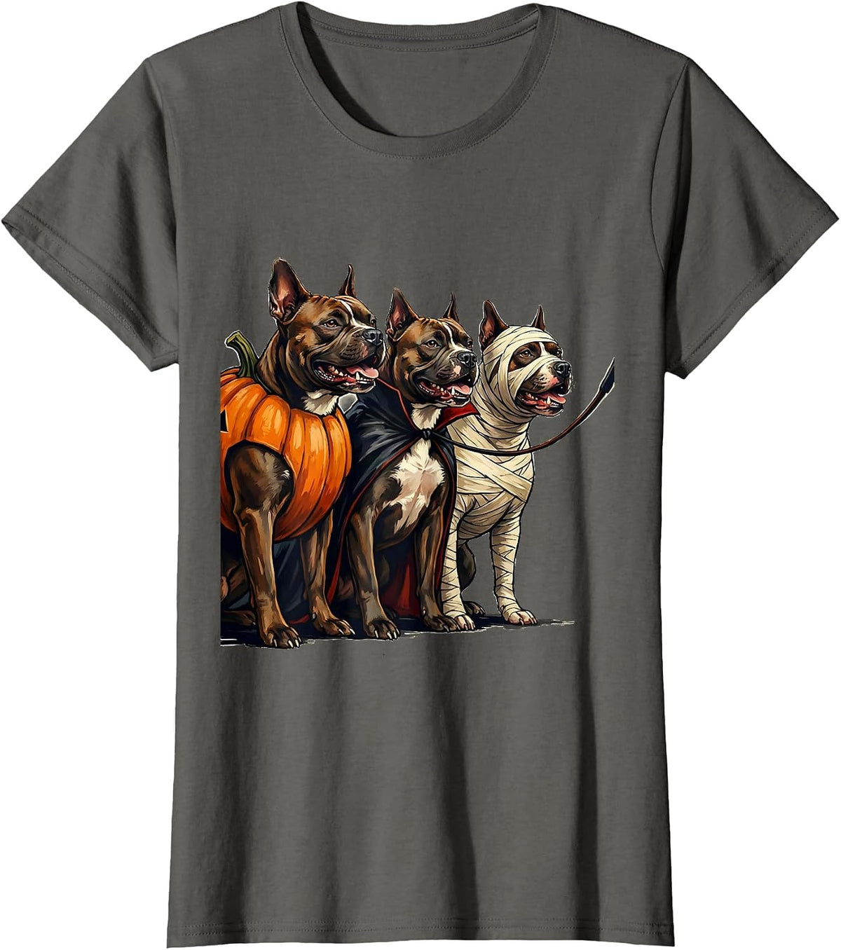 Women's Pit Bull Terrier Squad Pumpkin Vampire Mummy Halloween Dog T-Shirt - Asphalt Grey