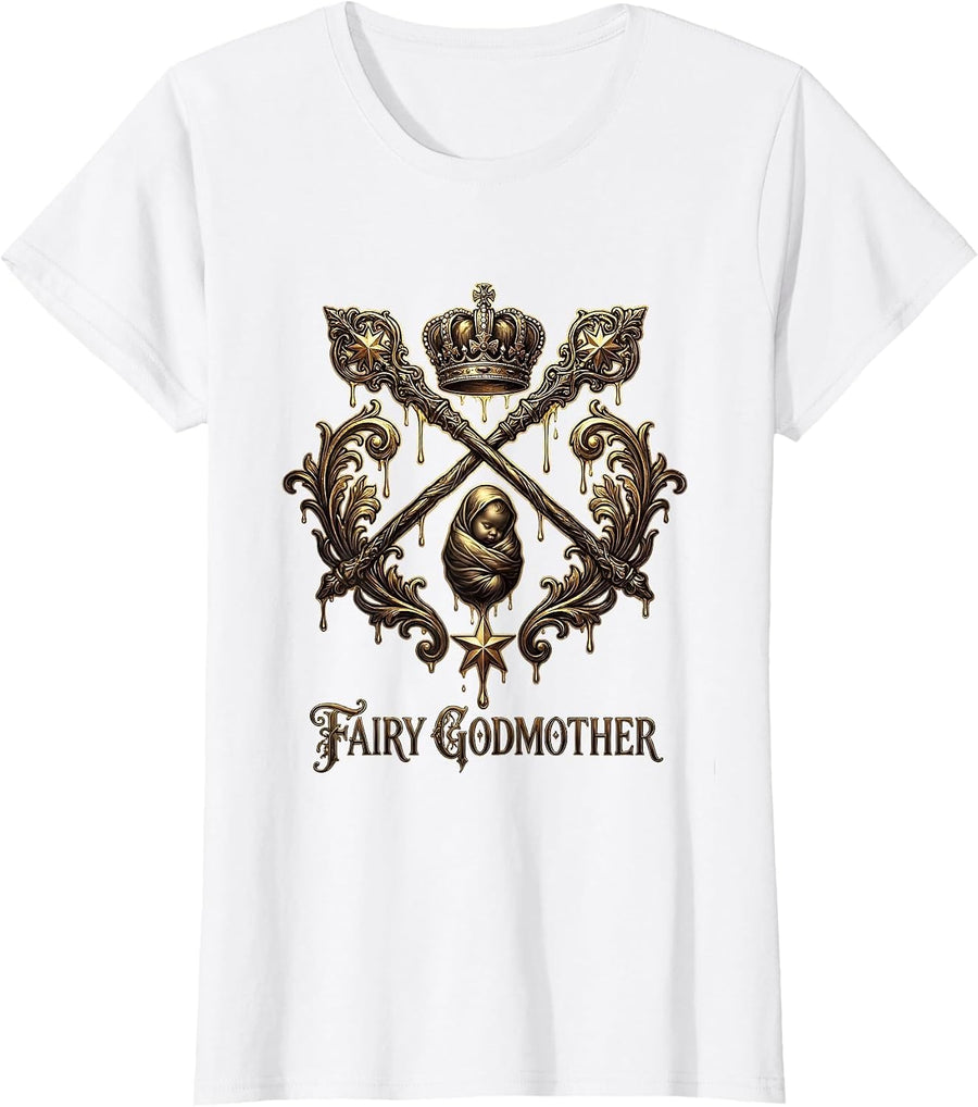 Women's Fairy Godmother Ornate Wand Tiara Whimsical Family Birthday T-Shirt - White
