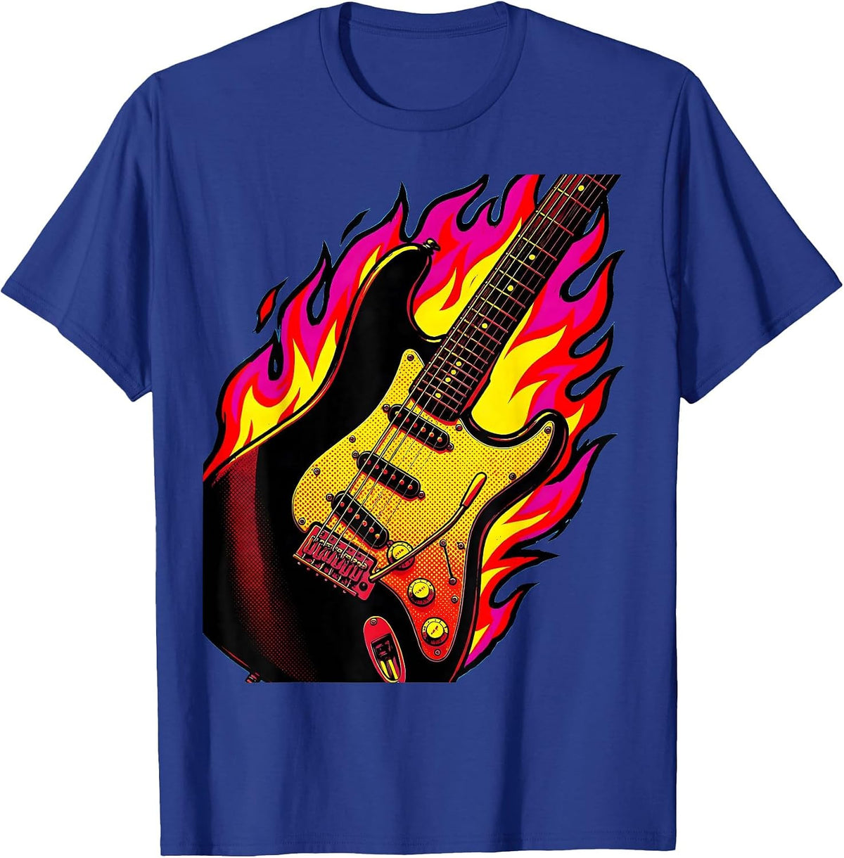 Flaming Electric Guitar Rock and Roll Graphic T-Shirt - Royal Blue