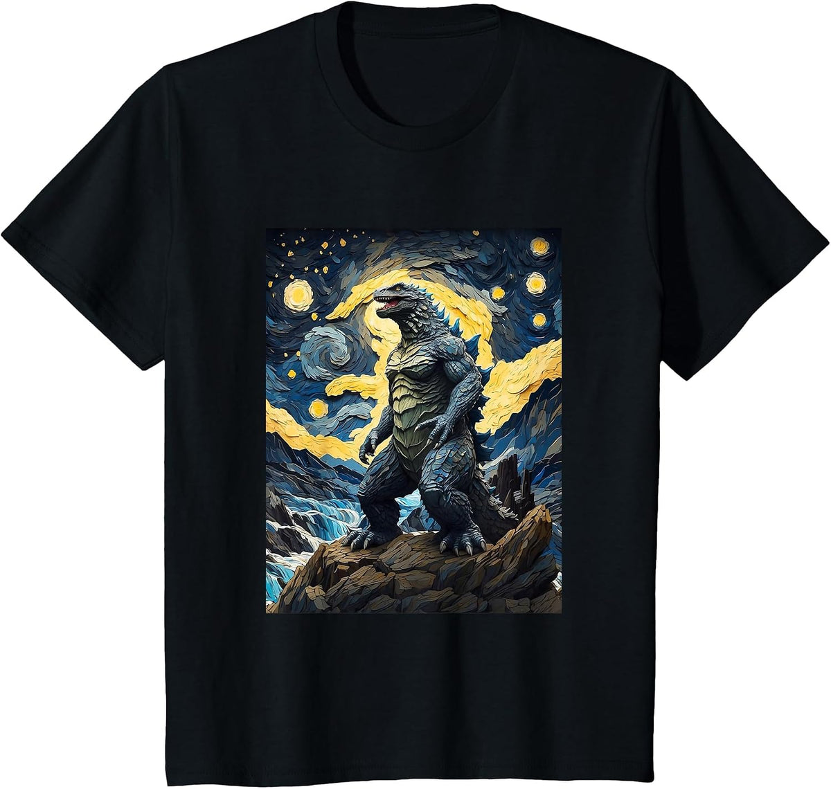 Japanese Monster Kaiju in Van Gogh Starry Night T-Shirt - Black